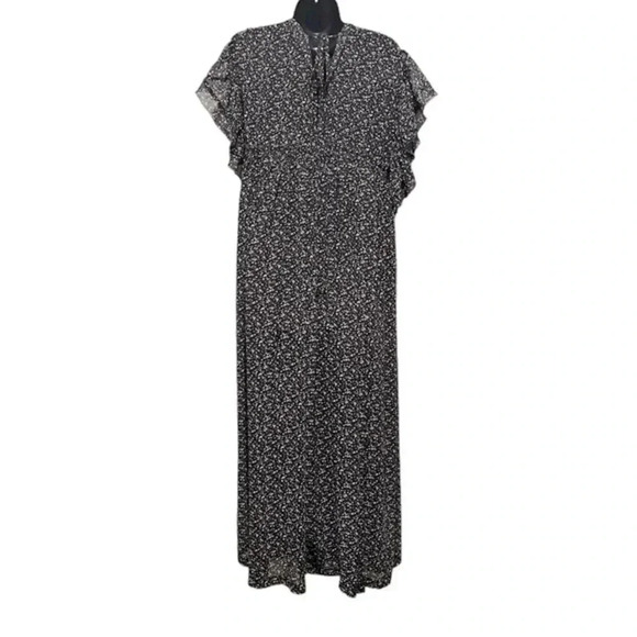 🍀2/$22 NWT Maxi Flawless Boutique Black Ditsy Flutter Sleeve Dress Womens Large - Picture 4 of 9